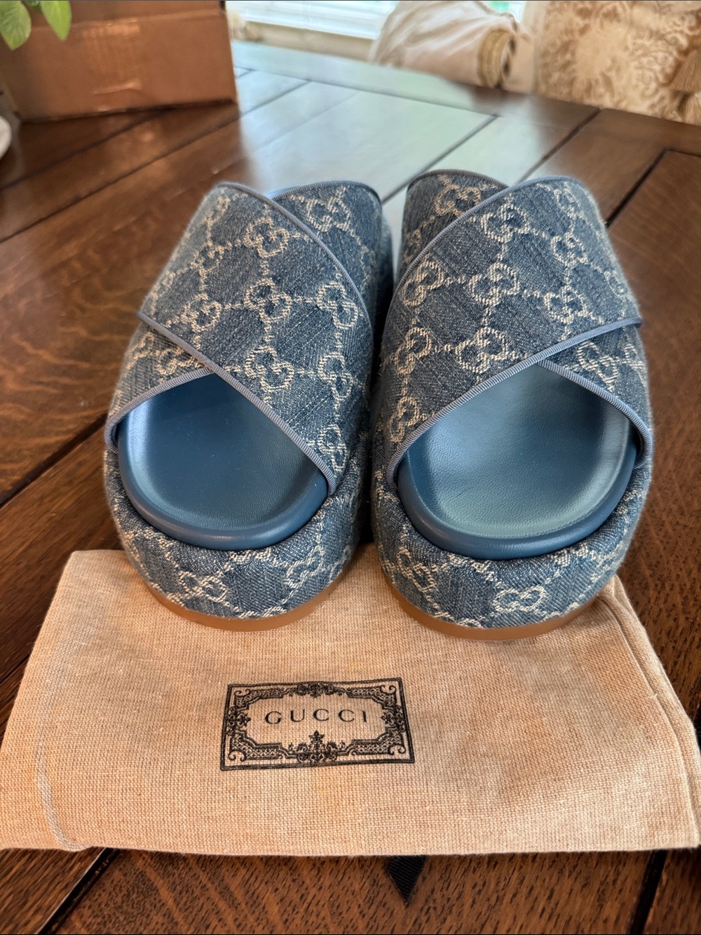 Gucci Denim GG Crossband Angelina Sandals in Blue Denim